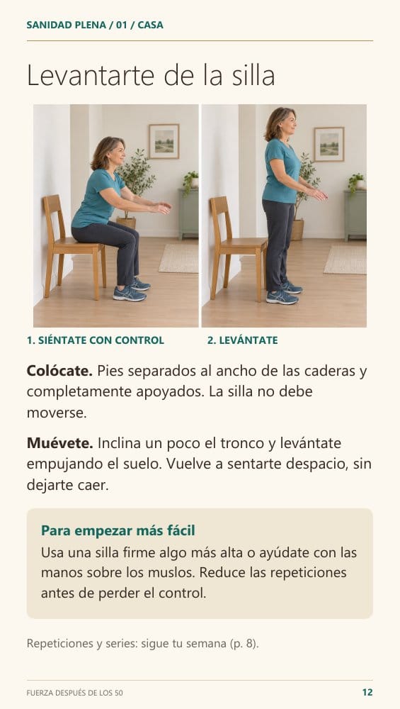 Página real de la guía: levantarte de la silla, con fotografías e instrucciones