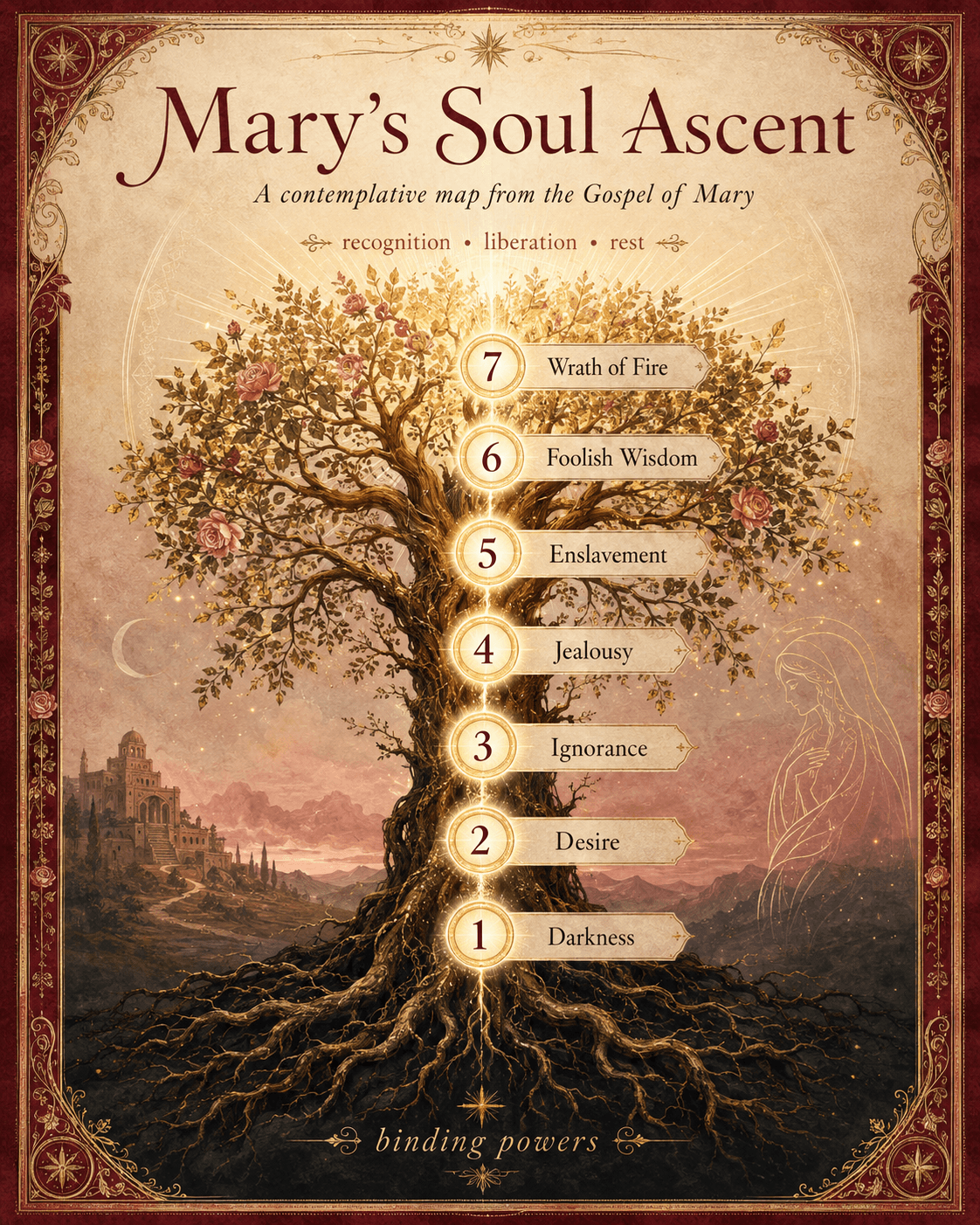 Mary’s Soul Ascent map showing the Seven Powers from the Gospel of Mary