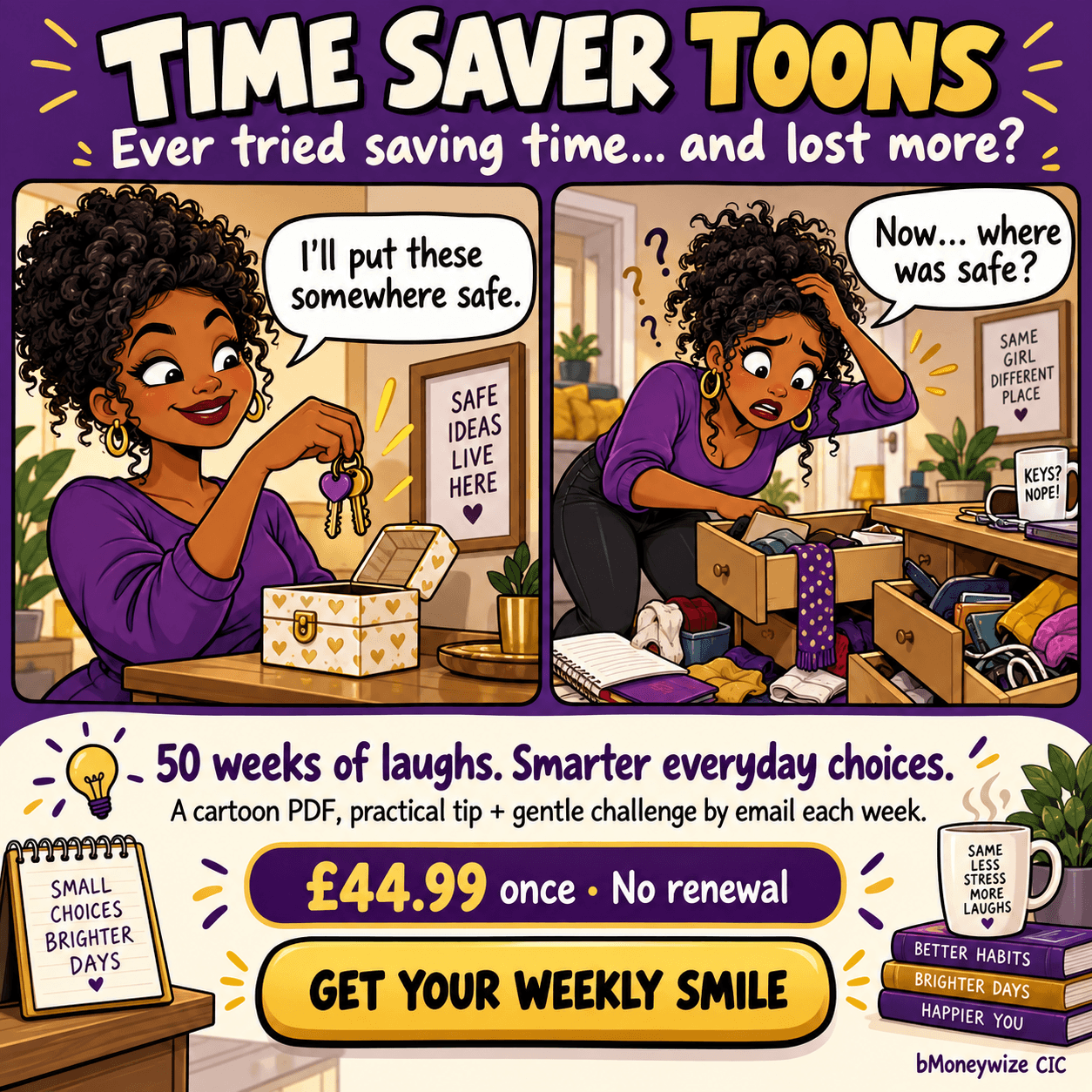 Time Saver Toons: a funny cartoon about misplaced keys. 50 weekly cartoon emails for £44.99 paid once, with no renewal.