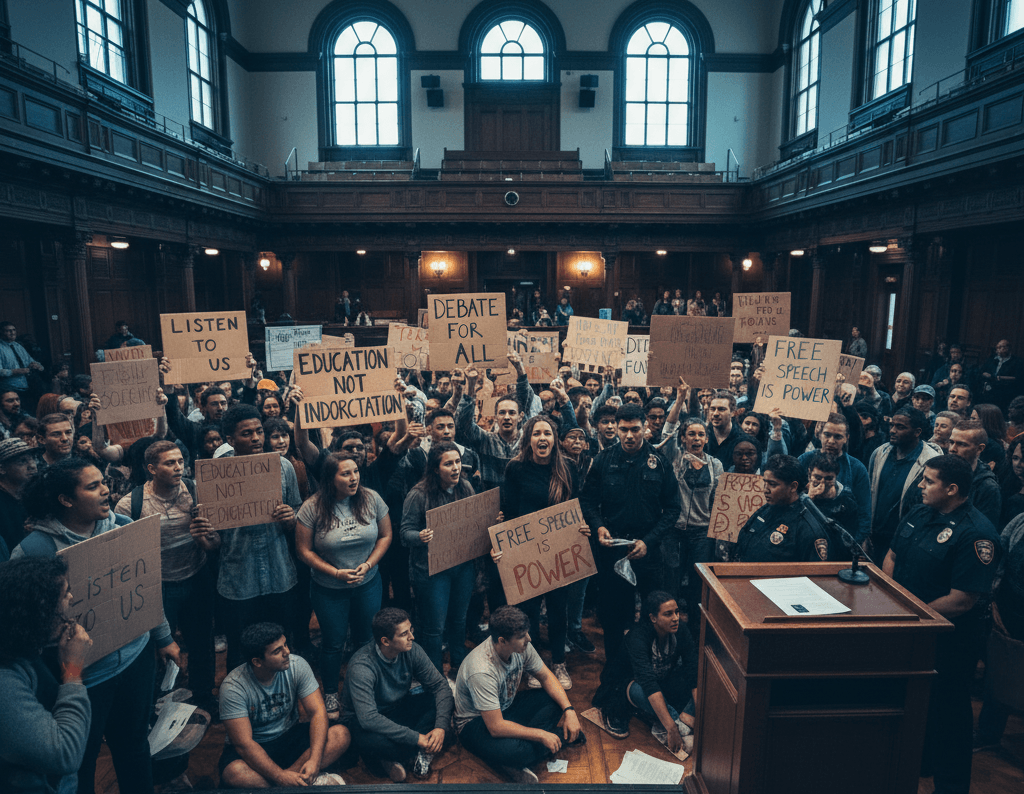 College debate hall protest imagery.