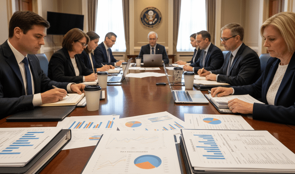 A desk with two folders one pristine and highlighted, the other dusty and partially pushed aside. A pair of reading glasses between them. Symbolic editorial image about selective priorities and institutional tension