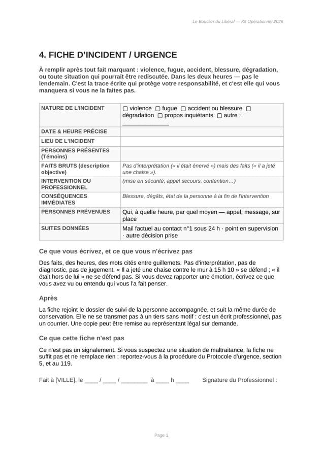La fiche d’incident et d’urgence