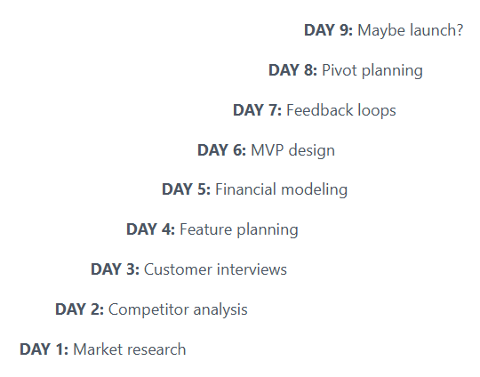 9-day validation mountain showing DAY 1 Market research at base climbing up to DAY 9 Maybe launch at peak
