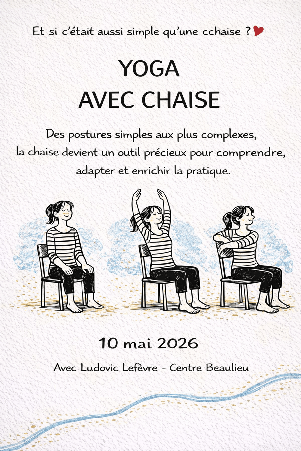 Affiche atelier yoga avec chaise du 10 mai 2026