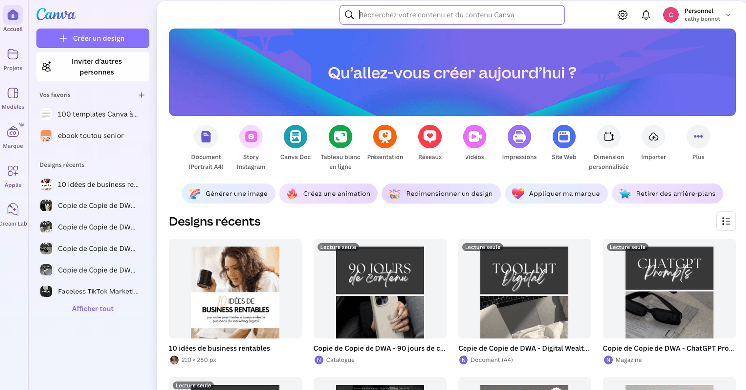 Page d’accueil de Canva : outil de création graphique en ligne pour débutants et professionnels