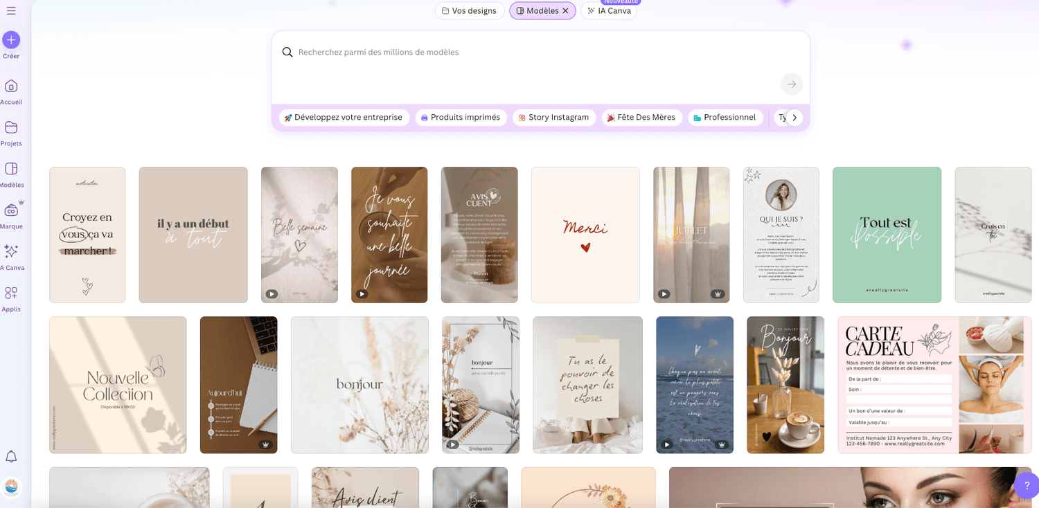 Écran d’accueil de Canva montrant une sélection de modèles créatifs pour les réseaux sociaux, citations et stories Instagram.