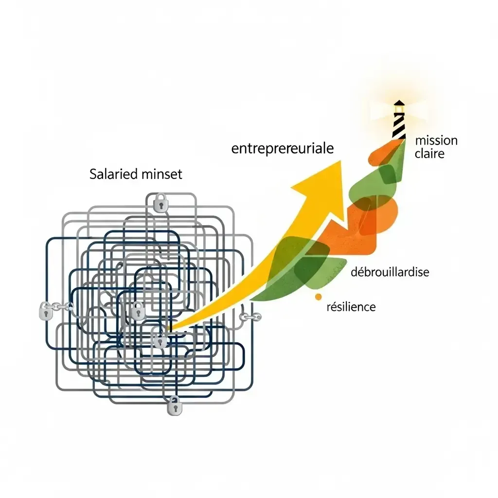 Ce schéma illustrele passage d’un état d’esprit de sécurité et de limitation, symbolisé par une cage, vers un chemin ouvert d’action et de croissance.