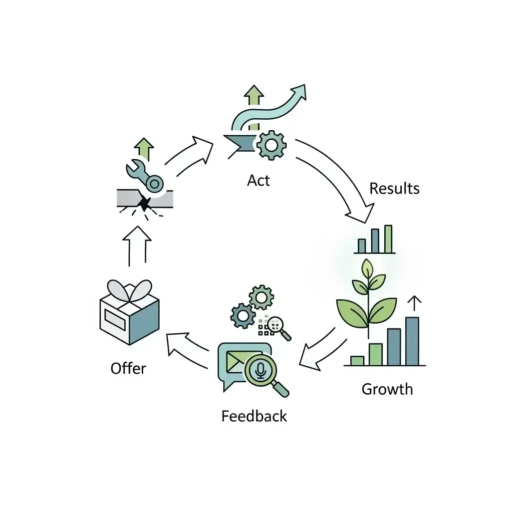 Ce schéma illustre le cycle de croissance d'une entreprise par le client. Chaque étape se nourrit de la précédente pour garantir une amélioration continue.