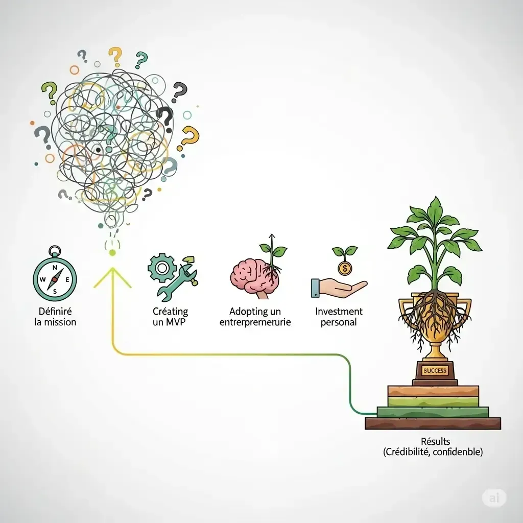 Le schéma explicatif visuel de la transformation de l'aspirant entrepreneur, du doute à la réussite, en appliquant le principe de « mériter avant d’avoir » 