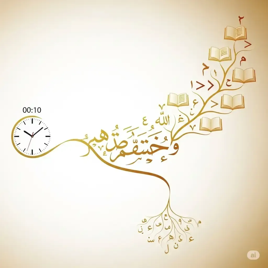 une image conceptuelle qui représente le processus d'apprentissage de l'arabe, en montrant comment une petite habitude quotidienne mène à une maîtrise complète