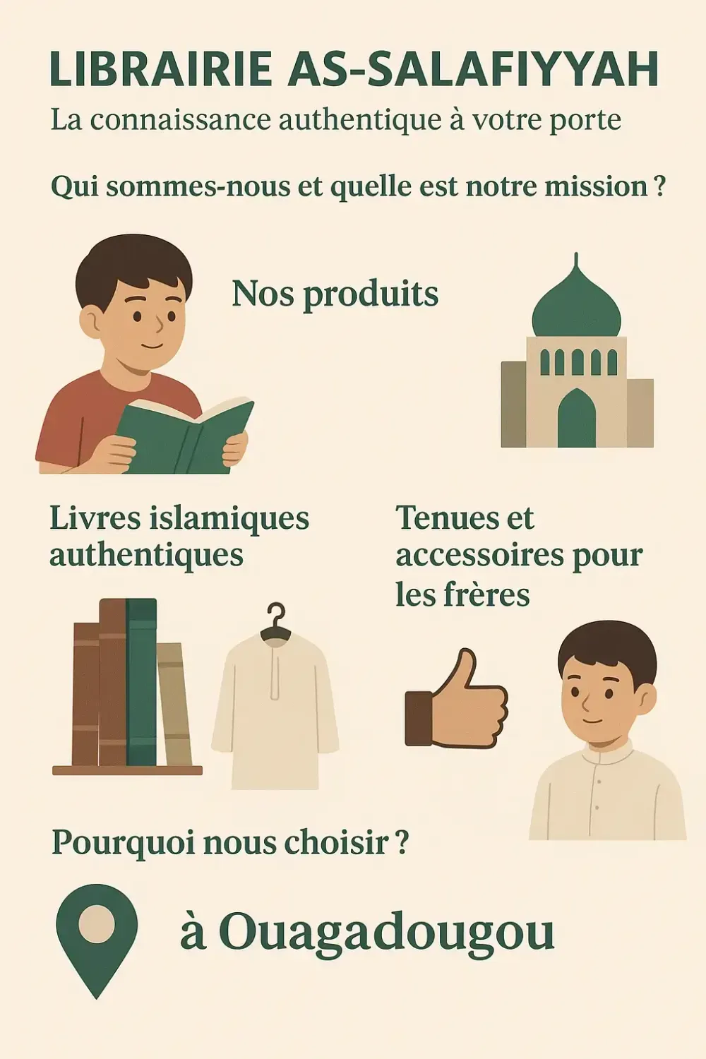 Découvrez des livres islamiques fiables, des tenues conformes à la Sunna et des accessoires pratiques pour vivre votre foi au quotidien.