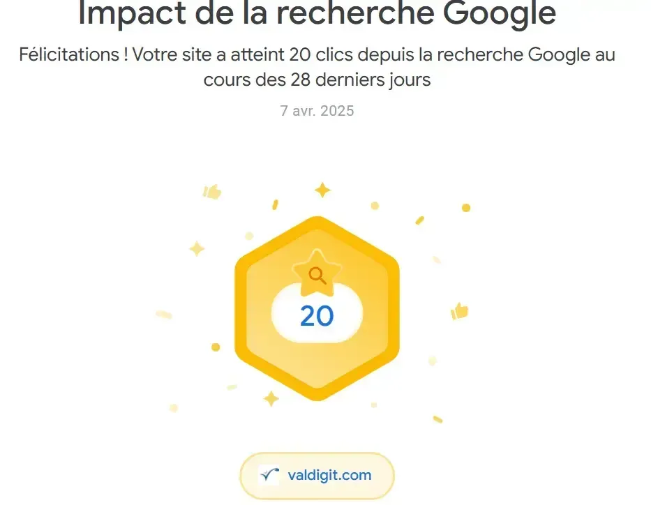 Capture illustrant les performances SEO de Valdigit dans Google Search Console.