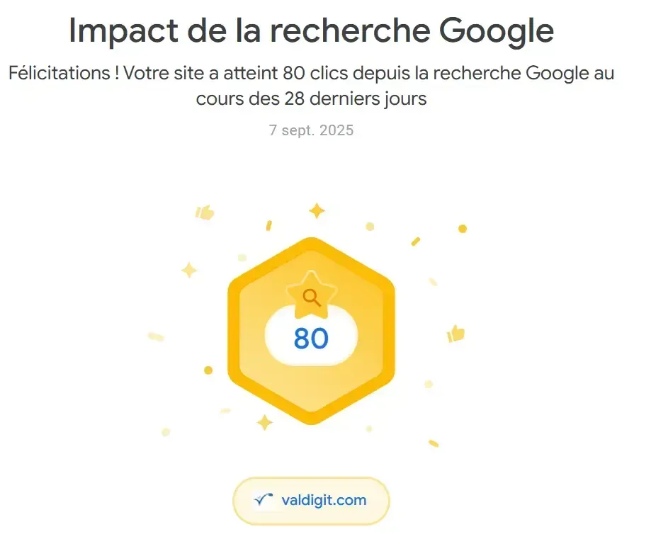 Capture illustrant les performances SEO de Valdigit dans Google Search Console.