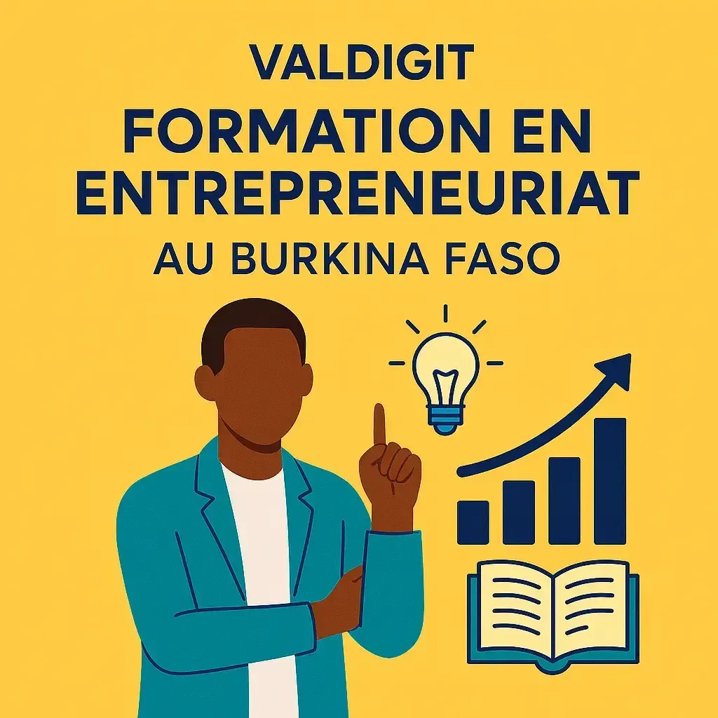 Une image promotionnelle sur fond jaune présentant la formation en entrepreneuriat de VALDIGIT au Burkina Faso, avec un personnage stylisé, une ampoule pour l’innovation, un graphique en croissance et un livre ouvert pour l’apprentissage.