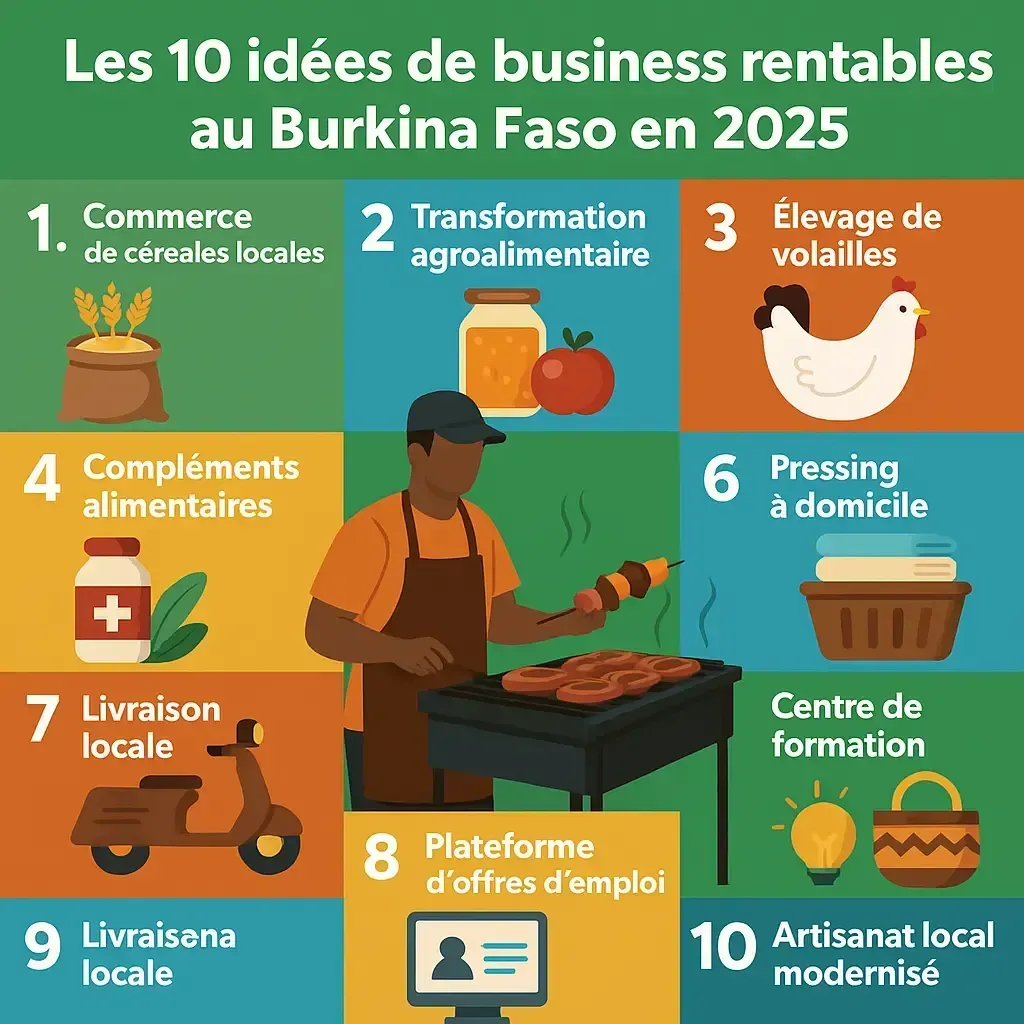Découvrez en un coup d'œil les 10 opportunités de business les plus prometteuses au Burkina Faso en 2025. Un guide visuel essentiel pour tout futur entrepreneur motivé à réussir localement.