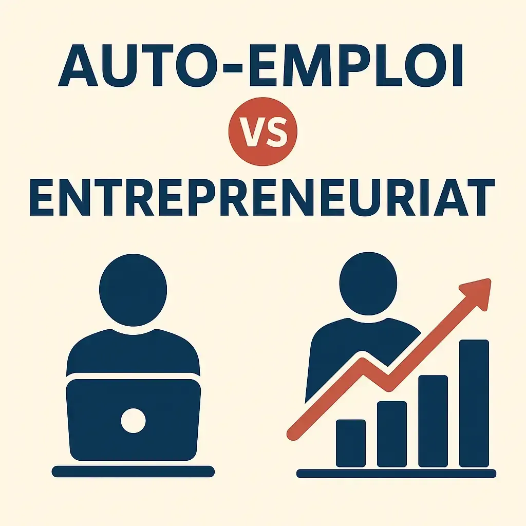 Une illustration claire et professionnelle opposant l’auto-emploi (travail individuel lié au temps) et l’entrepreneuriat (entreprise structurée et en croissance), avec des couleurs sobres et harmonieuses.