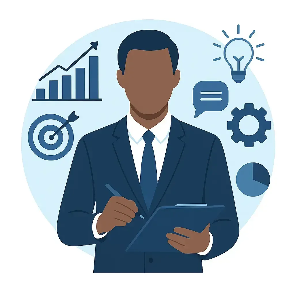 Illustration numérique en style plat représentant un entrepreneur entouré de graphiques, d’icônes et d’outils de gestion.