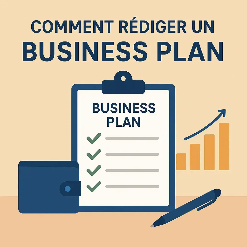 Illustration claire et moderne montrant un bloc-notes « Business Plan », un stylo et un graphique en hausse, symbolisant la planification et la croissance en entrepreneuriat.