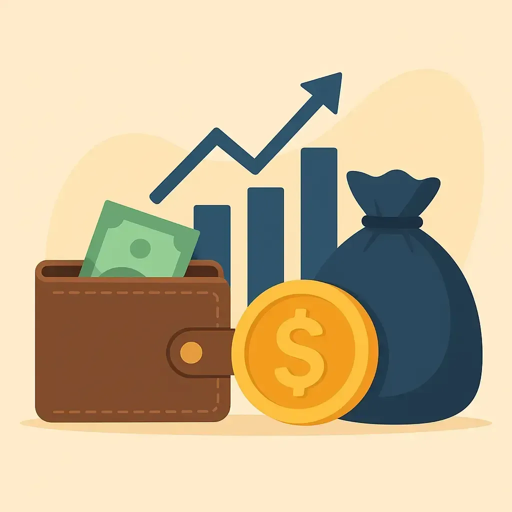 Image professionnelle sur la croissance financière : portefeuille, sac d’argent, pièce dorée et graphique en hausse, aux tons beige, or et bleu, symbolisant rentabilité et succès entrepreneurial.