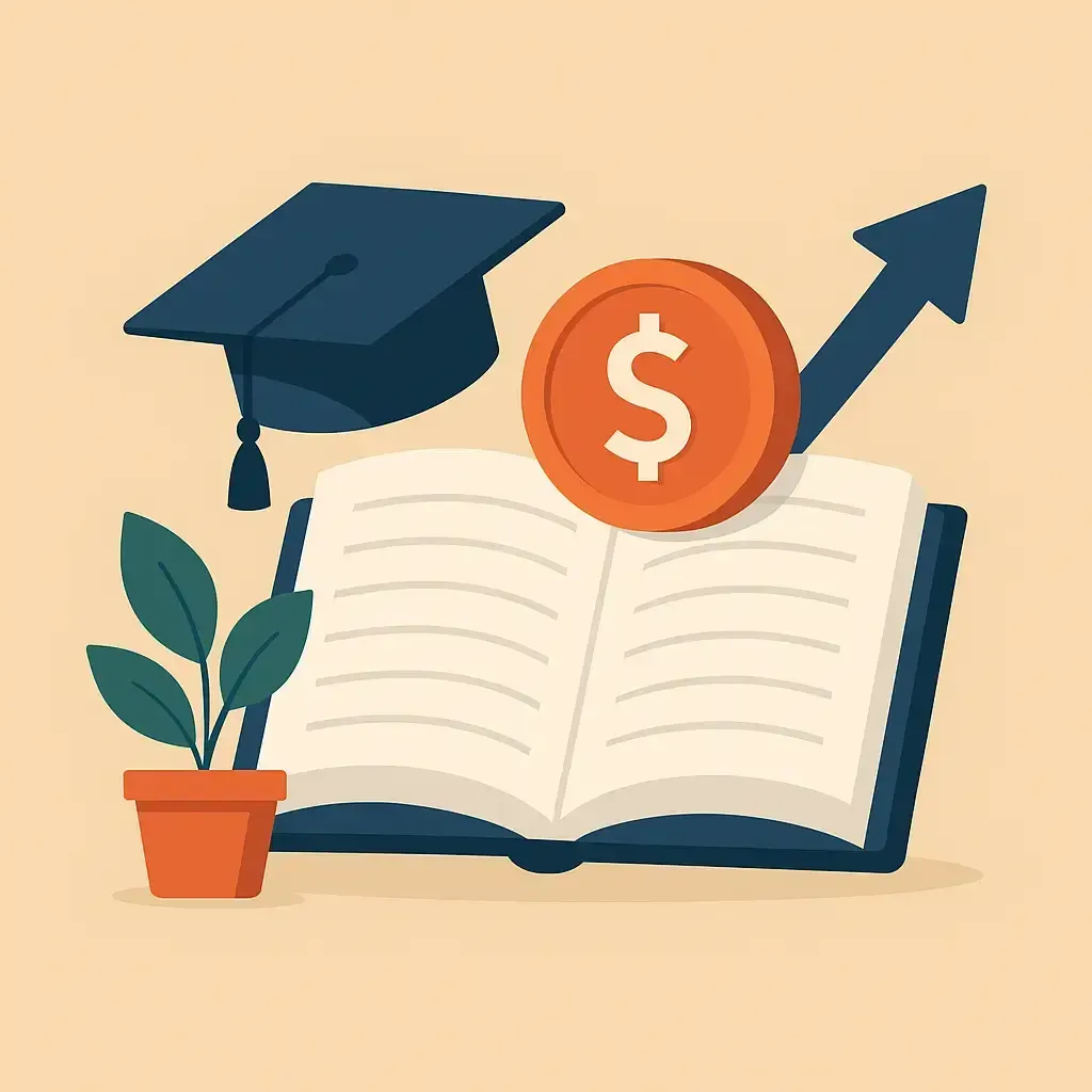 Une illustration moderne montrant un livre ouvert, un chapeau de diplômé, une pièce avec flèche montante et une plante, symbolisant l’apprentissage, la croissance et la réussite.