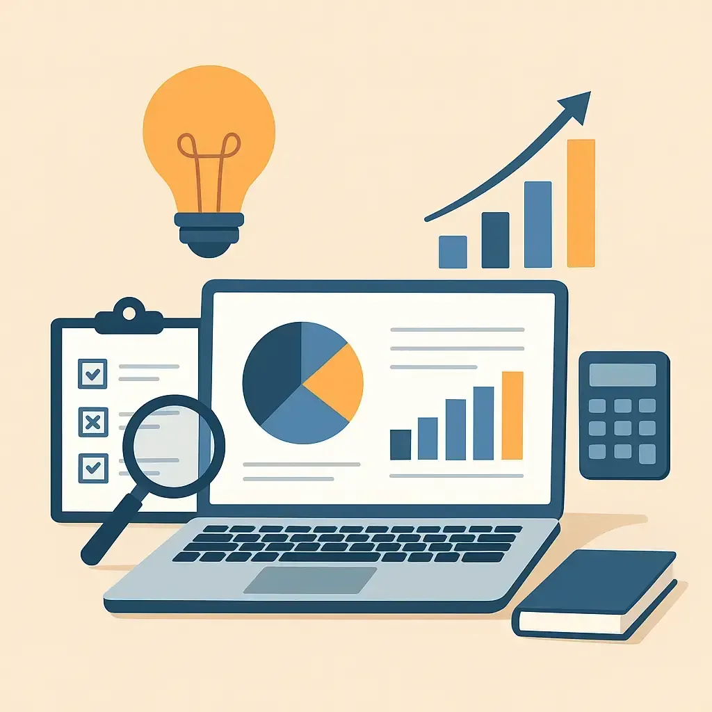 Une illustration professionnelle montrant un ordinateur avec des graphiques, symbole d’analyse de marché, dans des tons bleu et orange harmonieux.