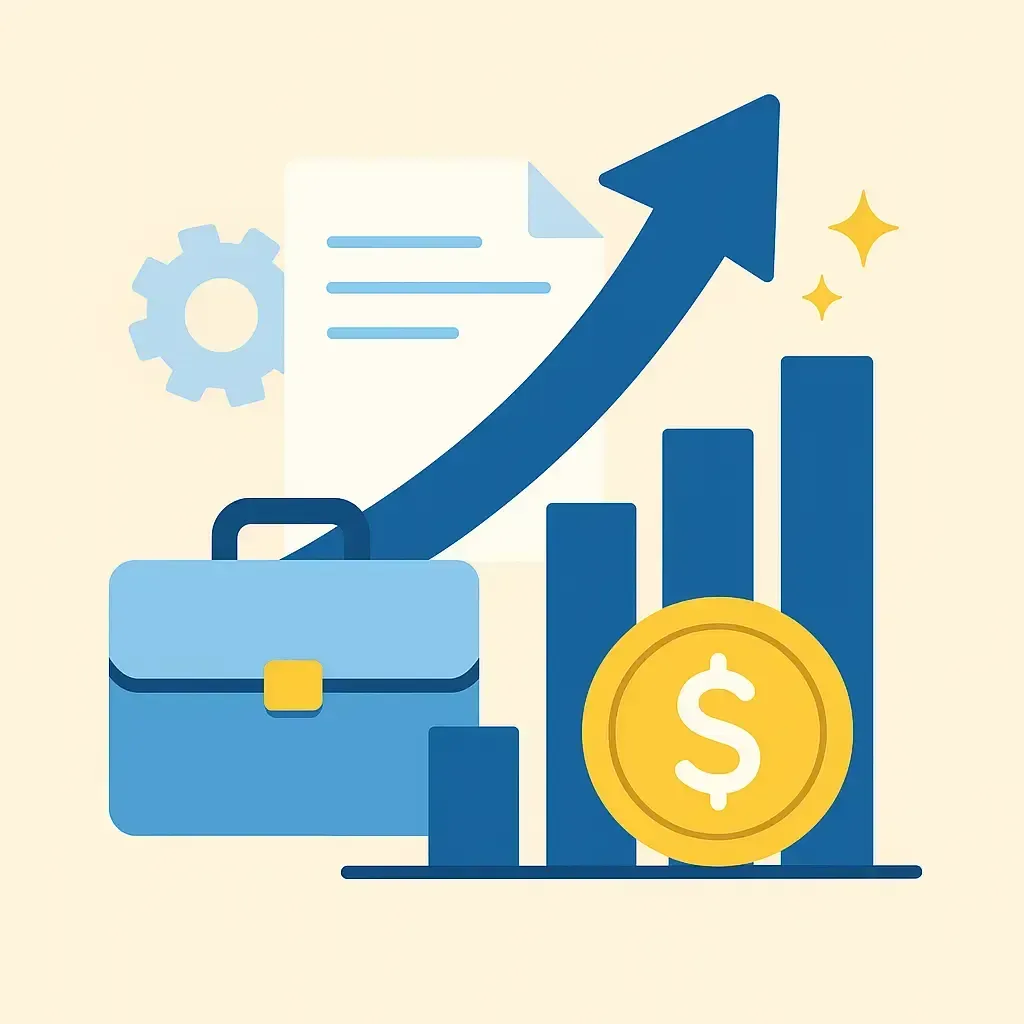 Image symbolisant la croissance entrepreneuriale avec une flèche montante, un graphique, une valise et une pièce dorée. Couleurs bleues et jaunes, style clair et professionnel.