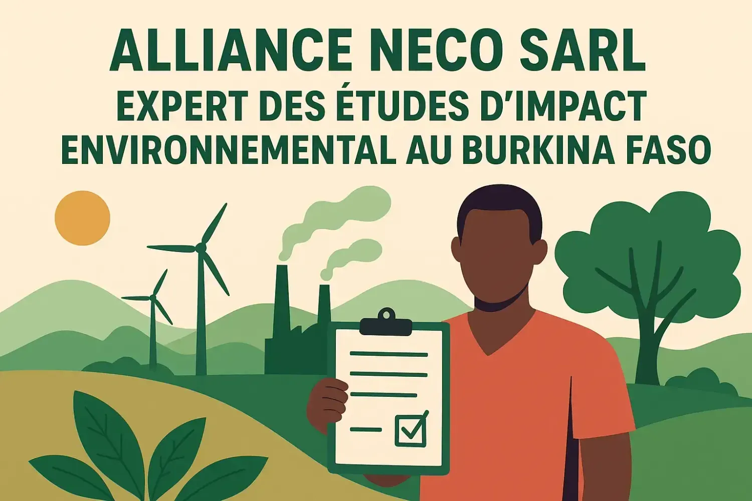 L’image montre un homme sans yeux tenant une planche à clip validée, devant un paysage mêlant éoliennes, usine et nature, symbolisant le développement durable et l’optimisme.