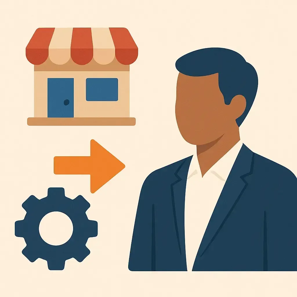 Illustration au style plat montrant la délégation de gestion d’une entreprise : un personnage sans yeux, une boutique, une flèche et un engrenage. Palette bleue et orange, style professionnel et clair, parfaite pour un article sur l’entrepreneuriat.