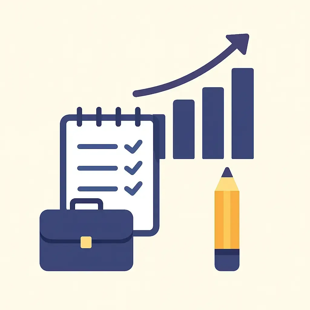 Illustration professionnelle et épurée montrant un carnet d’objectifs, un graphique en croissance, un crayon et une mallette, symbolisant la planification et la réussite en entrepreneuriat.