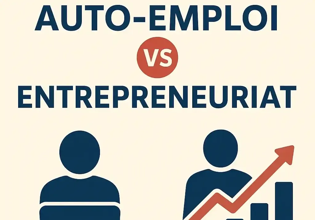 Une illustration claire et professionnelle opposant l’auto-emploi (travail individuel lié au temps) et l’entrepreneuriat (entreprise structurée et en croissance), avec des couleurs sobres et harmonieuses.