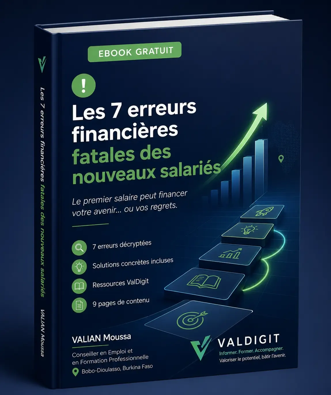 Mockup du livre numérique Les 7 erreurs financières fatales des nouveaux salariés.