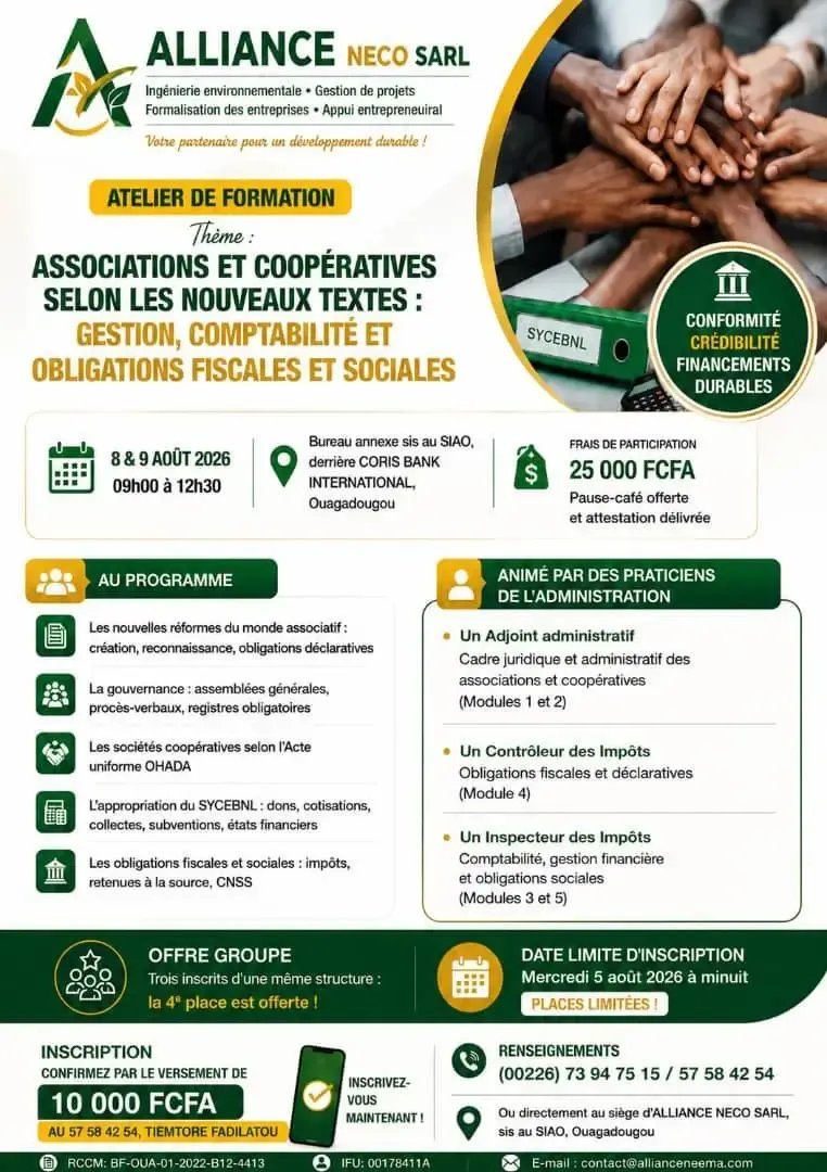 ALLIANCE NECO organise une formation sur la formalisation des associations et des sociétés coopératives conformément à la nouvelle législation en vigueur. (le visuel)