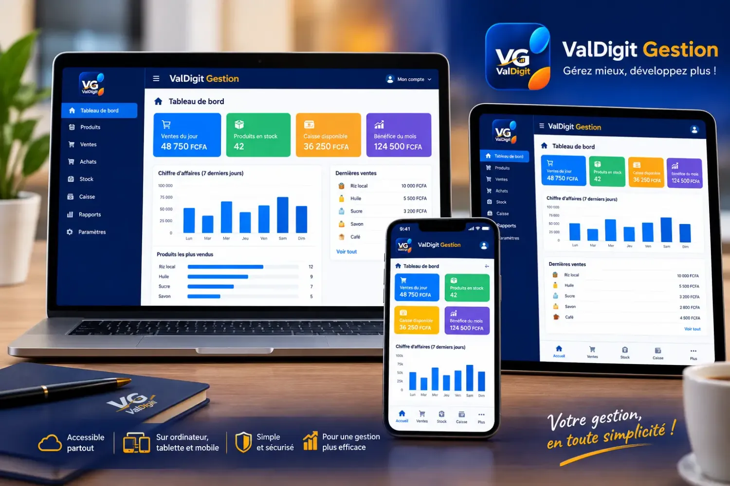 Cette image présente l’utilisation de l’application VALDIGIT Gestion sur trois types d’appareils : un smartphone, une tablette et un ordinateur.