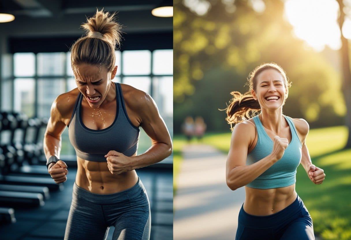 Comparison of exercise as a sacrifice versus exercise as fun and rewarding.