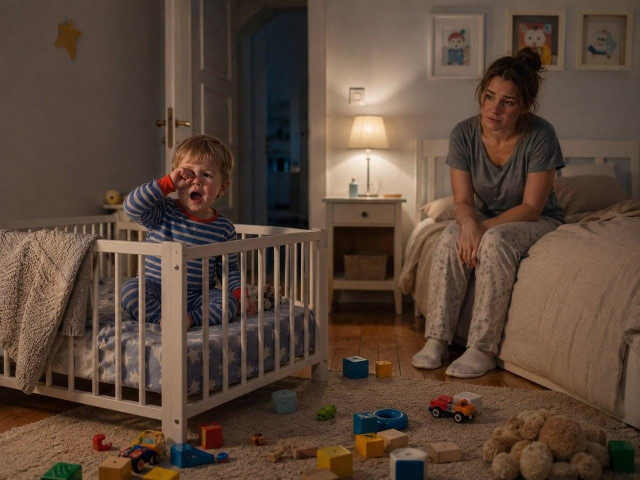 Enfant qui peine à s’endormir, sa maman allongée juste à côté de lui