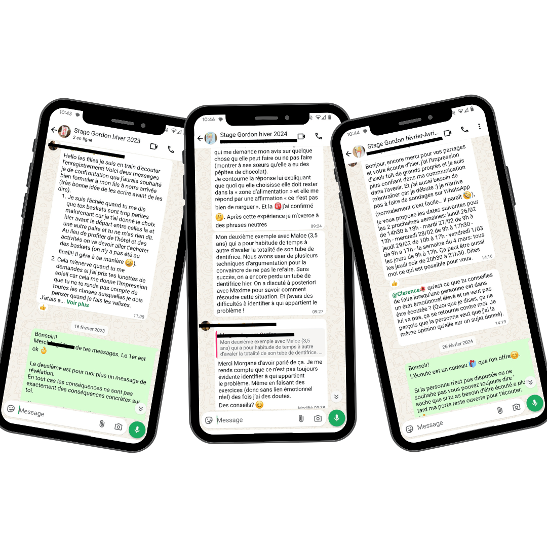 Espace d’échanges WhatsApp pour participants du stage Gordon, communication bienveillante et soutien mutuel stage Gordon niveau 1 en ligne
