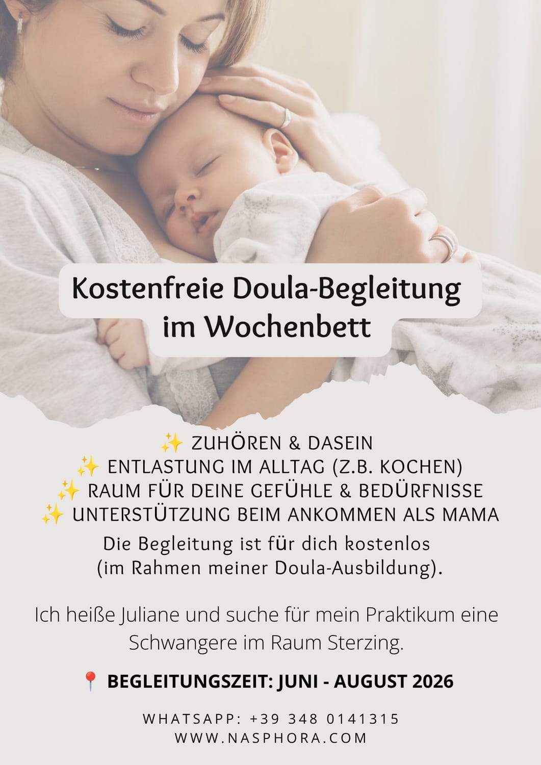 kostenfreie Doula-Begleitung✨ Zuhören & Dasein  ✨ Entlastung im Alltag (z.B. kochen)  ✨ Raum für deine Gefühle & Bedürfnisse  ✨ Unterstützung beim Ankommen als Mama  Die Begleitung ist für dich kostenlos  (im Rahmen meiner Doula-Ausbildung).