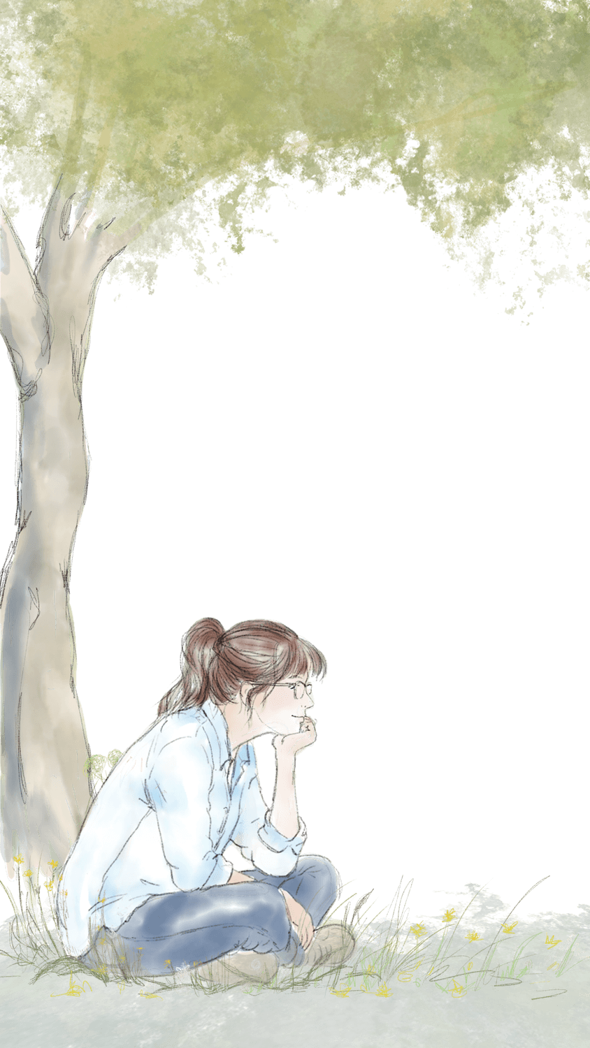 Illustration : Caroline Peters assise sous un arbre
