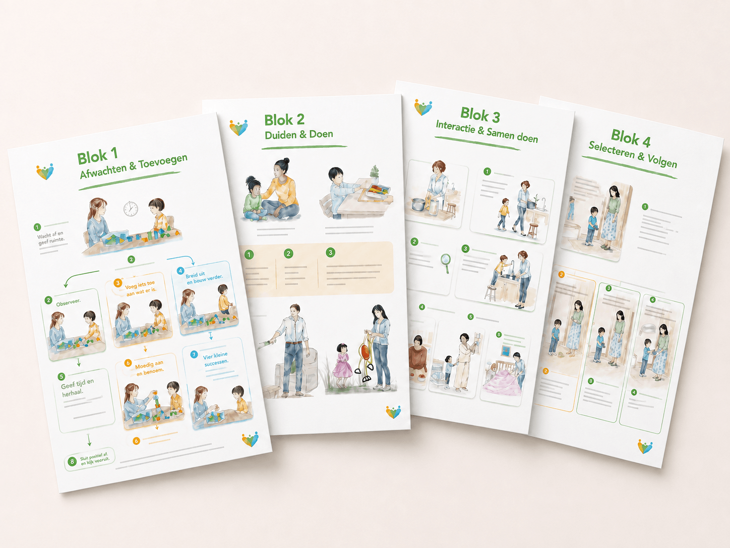 De vier Nederlandse ADIS™-hand-outs: Afwachten & Toevoegen, Duiden & Doen, Interactie & Samen doen en Selecteren & Volgen
