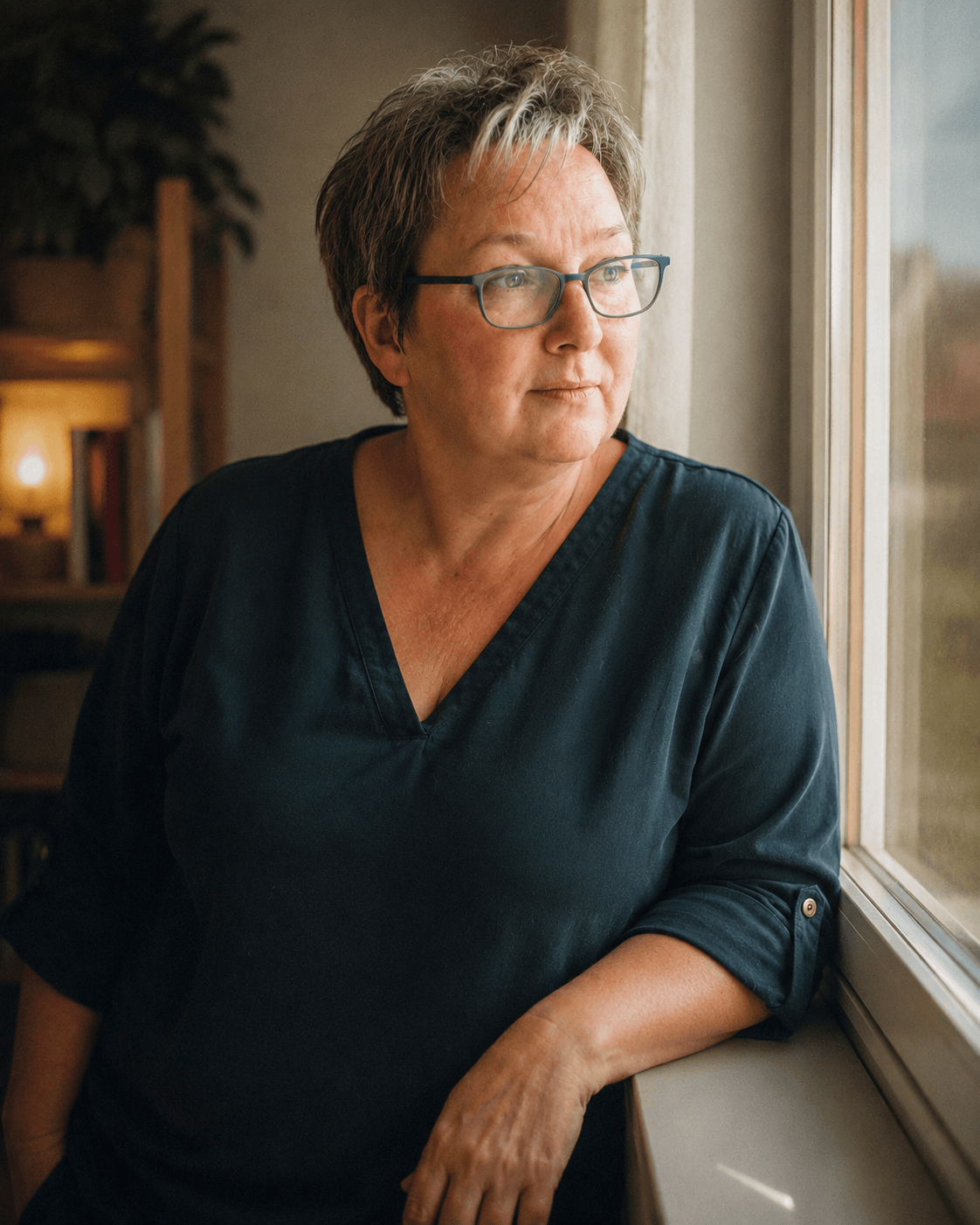 Anna Vosters am Fenster, nachdenklich