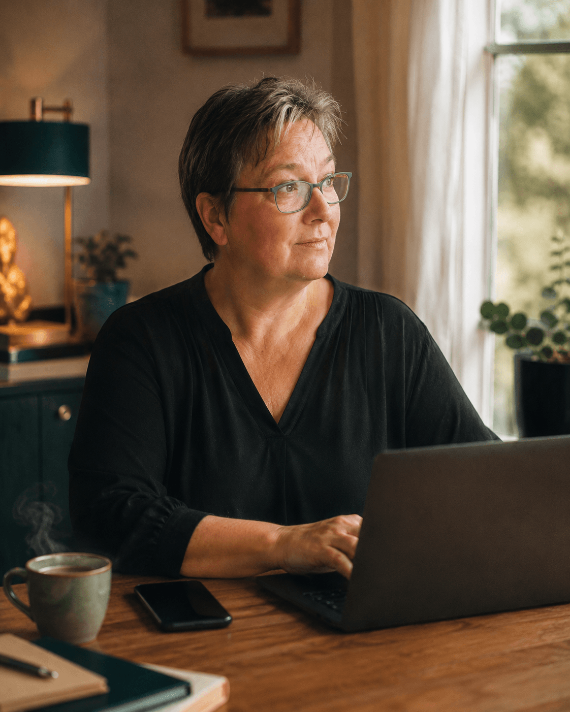 Frau am Schreibtisch, Handy liegt umgedreht neben der Kaffeetasse