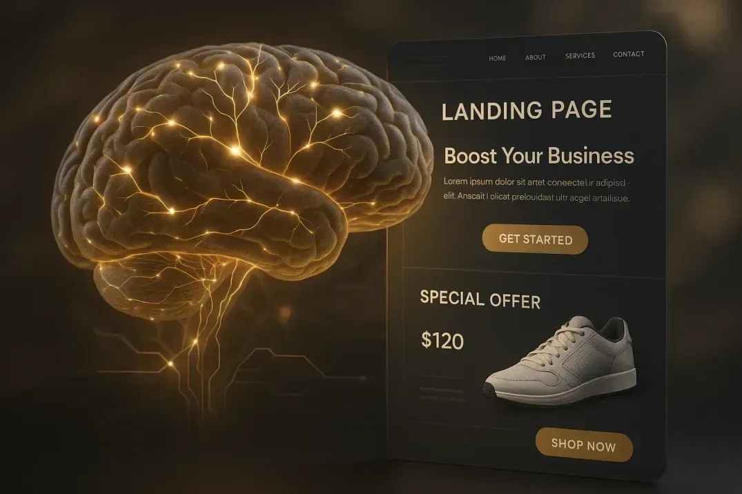 Representación visual de alineación cognitiva en ecommerce, mostrando la conexión entre cerebro humano, anuncio y landing page coherente para mejorar conversiones.