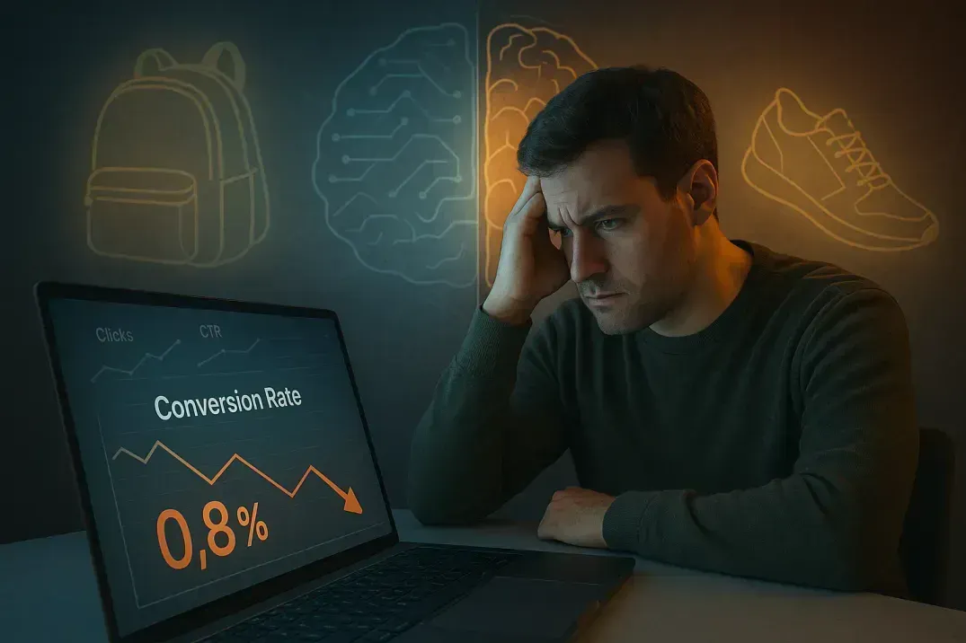 Escena que representa por qué incluso los mejores productos de dropshipping fallan sin alineación cognitiva, mostrando frustración ante resultados inesperados.