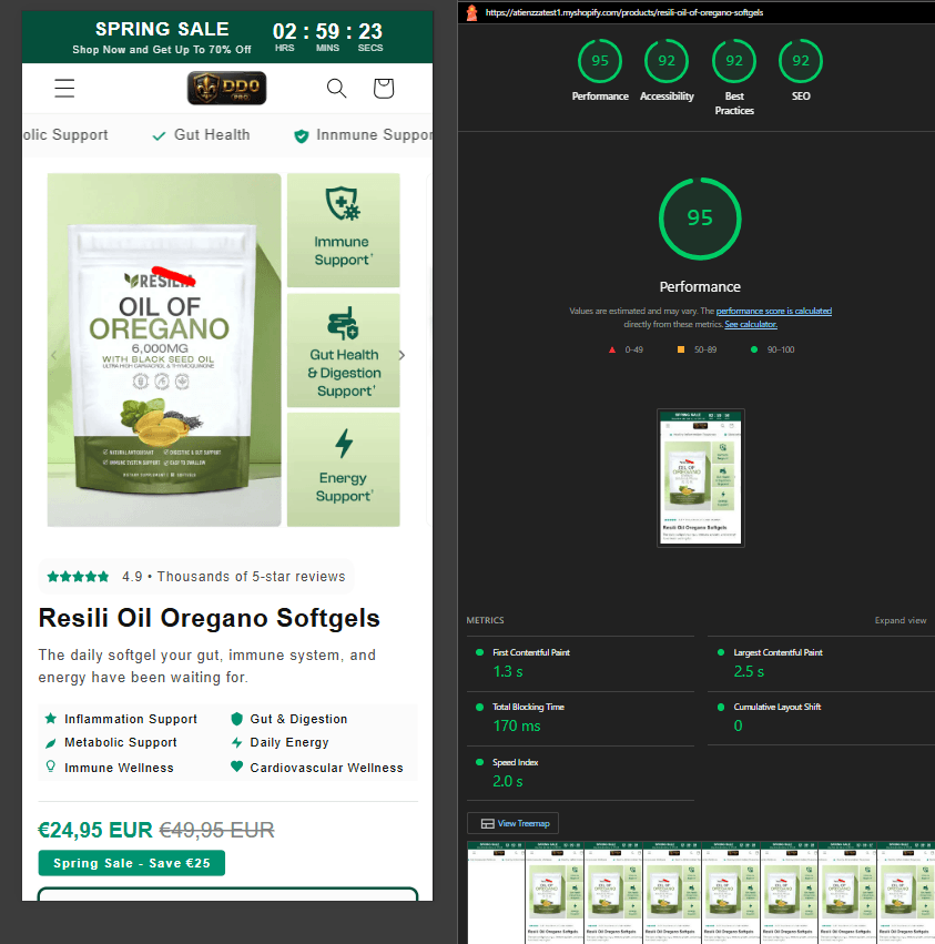 Medición de PageSpeed de una ficha de producto montada con el tema DD0 Pro: 95 de rendimiento en móvil y CLS 0