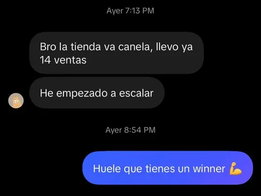 Mensaje de un usuario del tema: «Bro la tienda va canela, llevo ya 14 ventas», «He empezado a escalar»