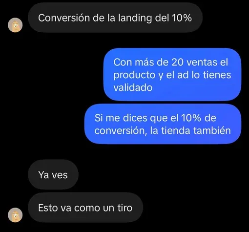 Mensaje de un usuario del tema: «Conversión de la landing del 10%», «Esto va como un tiro»