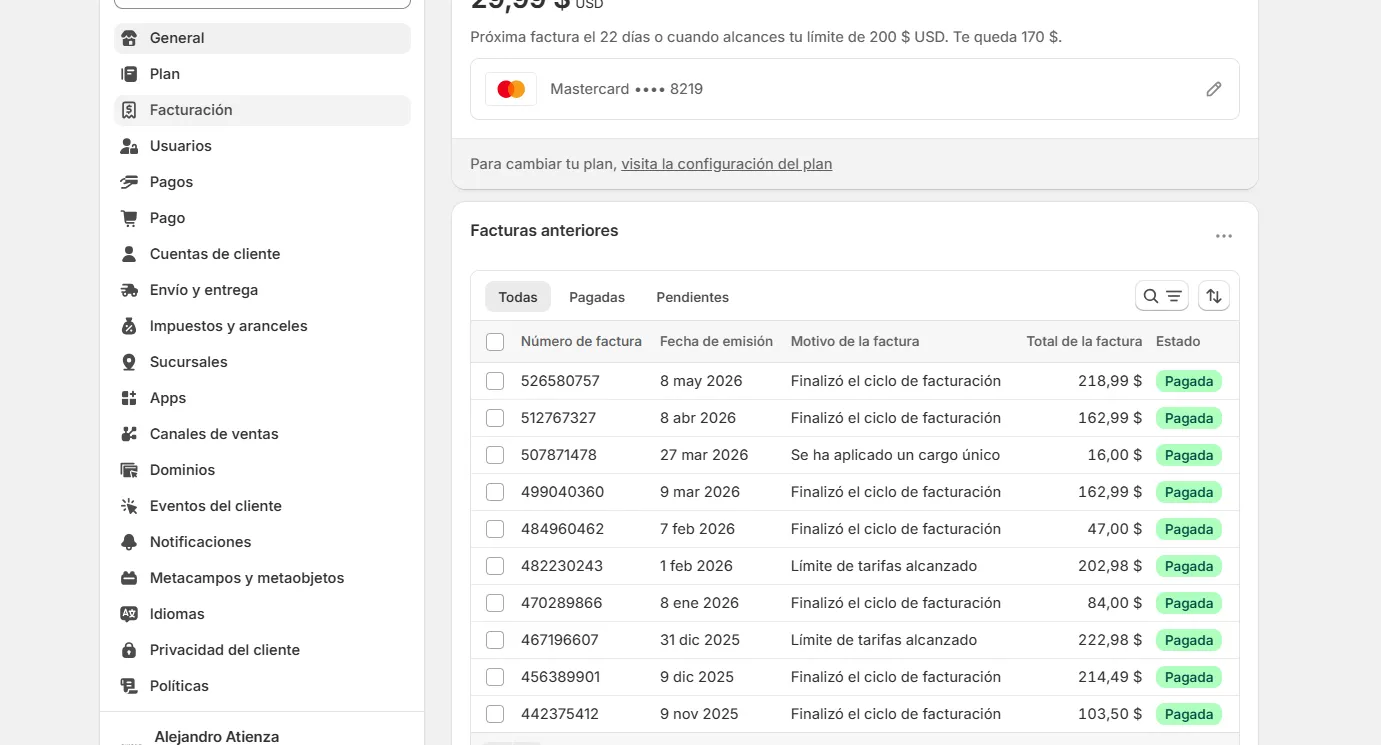 Historial de facturación de Shopify con cargos mensuales entre 16 $ y 222,98 $