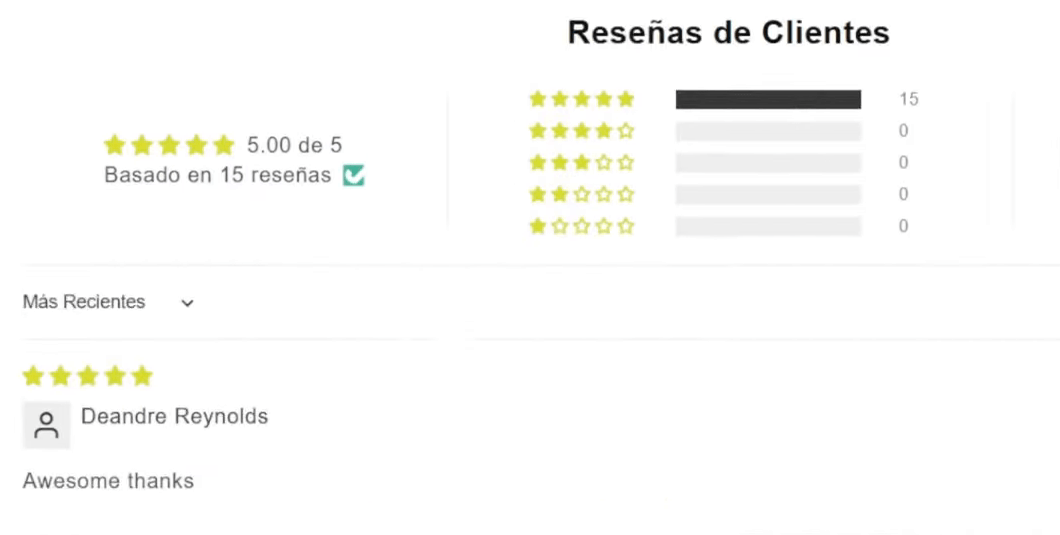 captura de pantalla, un widget de reseñas con una media de 5,00 sobre 5 y quince opiniones importadas de AliExpress, todas de cinco estrellas, en una ficha de producto de Shopify