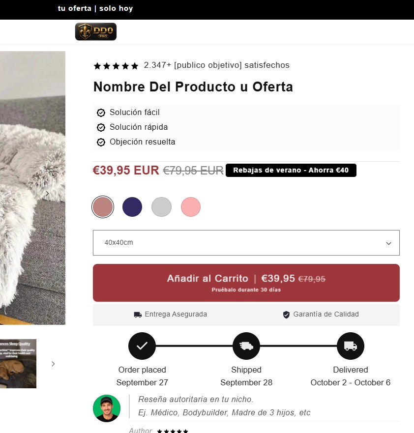 captura de la primera pantalla de una página de producto de Shopify ya montada: barra de oferta, estrellas con el número de clientes, nombre del producto, tres beneficios, precio con descuento, muestras de color, desplegable de tamaño, botón de añadir al carrito, badges, checkpoints de envío y reseña de autoridad