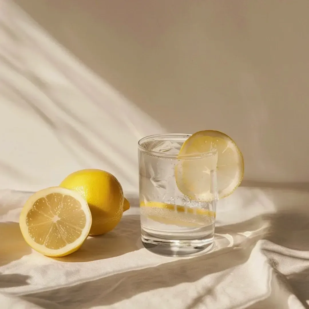 Glas mit eiswürfeln und Zitronenscheibe daneben Zitronen für den Frischekick am Morgen